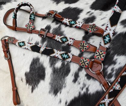 Showman 4 Piece Steer Head Beaded One Ear Headstall and Breastcollar Set #4